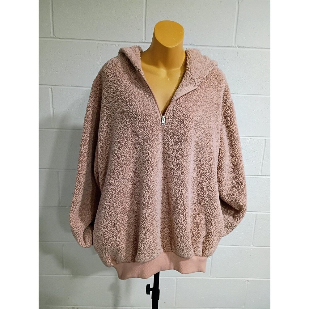 Cozy Women's XL Blush Pink Sherpa Fleece Hoodie Oversized Pullover 1/4 Zip